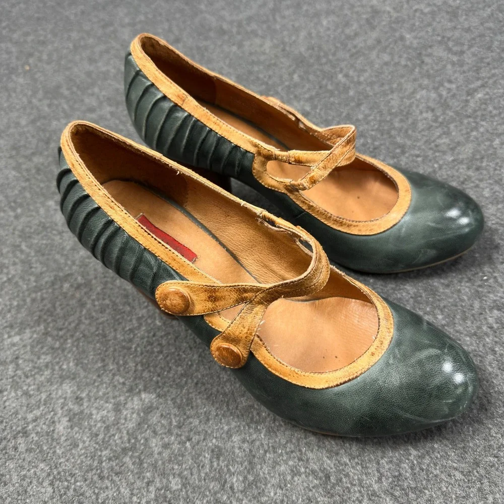 Miz Mooz Sensei 7.5 Green Leather Mary Jane Heels Pumps Retro Boho C28-C1823-1
